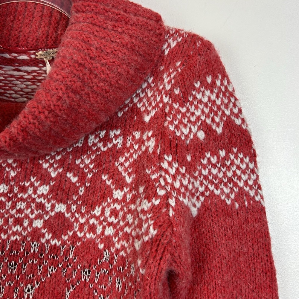 Free People Sweater Womens XS Fair Isle Cowl Neck Red Wool Blend Boho Ski Cozy - Picture 12 of 12